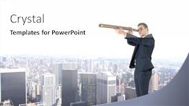  Presentation with telescope - Audience pleasing PPT theme consisting of businessman looking through telescope against high angle view of city backdrop and a white colored foreground