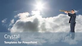  Presentation with telescope - Cool new slide deck with businessman looking through telescope against blue sky with clouds and sun backdrop and a seafoam green colored foreground