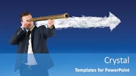  Presentation with telescope - Audience pleasing slide deck consisting of businessman looking through telescope against cloud arrow backdrop and a teal colored foreground