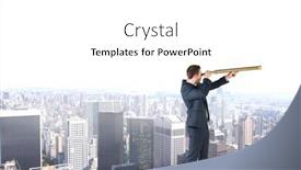  Presentation with telescope - Slides consisting of businessman looking through telescope against high angle view of city background and a white colored foreground