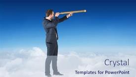  Presentation with telescope - Theme enhanced with businessman looking through telescope against blue sky over clouds background and a lemonade colored foreground