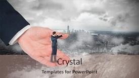  Presentation with telescope - Presentation having businessman looking through telescope in large hand against large rock overlooking foggy city background and a coral colored foreground