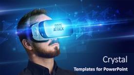  Presentation with cyber security - Beautiful PPT layouts featuring businessman looking through virtual reality glasses with ddos attack inscription cyber security concept backdrop and a navy blue colored foreground