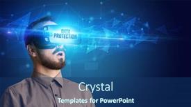  Presentation with data protection - Colorful slide set enhanced with businessman looking through virtual reality glasses with data protection inscription cyber security concept backdrop and a ocean colored foreground