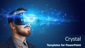  Presentation with cyber security - Cool new slide deck with businessman looking through virtual reality glasses with penetration test inscription cyber security concept backdrop and a ocean colored foreground