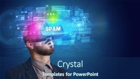  Presentation with spam - Colorful presentation design enhanced with businessman looking through virtual reality glasses with spam inscription innovative security concept backdrop and a ocean colored foreground