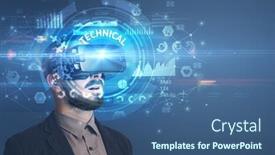  Presentation with virtual technology - PPT theme having video game pixel - businessman looking through virtual reality background and a ocean colored foreground