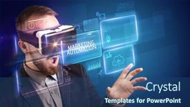  Presentation with automation - Presentation design featuring businessman looking through virtual reality background and a ocean colored foreground