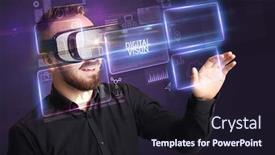  Presentation with new technology - Presentation theme consisting of businessman looking through virtual reality glasses with digital vison inscription new technology concept background and a wine colored foreground
