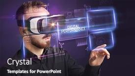 Presentation with performance - Audience pleasing presentation design consisting of businessman looking through virtual reality glasses with digital performance inscription new technology concept backdrop and a dark gray colored foreground