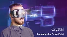  Presentation with virtual reality - Audience pleasing PPT layouts consisting of businessman-looking-through-virtual-reality backdrop and a navy blue colored foreground