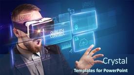  Presentation with quality control - PPT theme consisting of businessman-looking-through-virtual-reality background and a ocean colored foreground