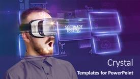  Presentation with software testing - Beautiful slides featuring businessman-looking-through-virtual-reality backdrop and a navy blue colored foreground