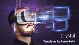  Presentation with software testing - Colorful slide set enhanced with businessman-looking-through-virtual-reality backdrop and a wine colored foreground