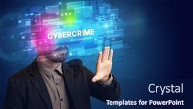  Presentation with virtual reality - Colorful PPT theme enhanced with businessman-looking-through-virtual-reality backdrop and a navy blue colored foreground