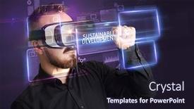  Presentation with virtual reality - Slide deck having businessman-looking-through-virtual-reality background and a wine colored foreground