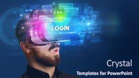  Presentation with login - Colorful PPT theme enhanced with businessman-looking-through-virtual-reality backdrop and a navy blue colored foreground