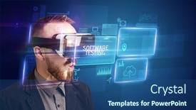  Presentation with software testing - Audience pleasing slides consisting of businessman-looking-through-virtual-reality backdrop and a ocean colored foreground