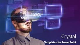  Presentation with virtual reality - PPT layouts enhanced with businessman-looking-through-virtual-reality background and a navy blue colored foreground