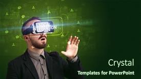  Presentation with virtual reality - Presentation theme enhanced with businessman-looking-through-virtual-reality background and a wine colored foreground