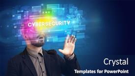  Presentation with virtual reality - Theme featuring businessman-looking-through-virtual-reality background and a navy blue colored foreground