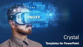  Presentation with virtual reality - PPT layouts enhanced with businessman-looking-through-virtual-reality background and a navy blue colored foreground