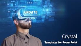  Presentation with virtual reality - Presentation theme featuring businessman-looking-through-virtual-reality background and a navy blue colored foreground