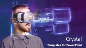  Presentation with tech - Presentation theme enhanced with businessman-looking-through-virtual-reality background and a navy blue colored foreground