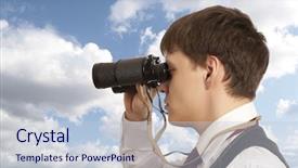  Presentation with concept - PPT theme enhanced with businessman looks through a binoculars background and a  colored foreground