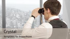  Presentation with demographic millennials business concept - Amazing presentation design having businessman looks through a binoculars backdrop and a soft green colored foreground