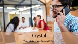  Presentation with phone meeting - Amazing PPT theme having businessman making a phone call backdrop and a coral colored foreground