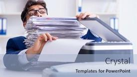  Presentation with machine - PPT theme with businessman making copies in copying machine background and a light blue colored foreground