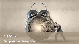  Presentation with effort - Beautiful PPT theme featuring businessman making effort to move alarm clock backdrop and a coral colored foreground