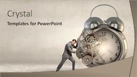  Presentation with effort - Cool new PPT layouts with businessman making effort to move alarm clock backdrop and a soft green colored foreground