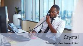  Presentation with phone - PPT theme enhanced with businessman making phone call sitting background and a light blue colored foreground
