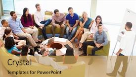  Presentation with decision making manufacturing process - Audience pleasing slide set consisting of businessman making presentation to office backdrop and a yellow colored foreground