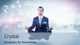  Presentation with financial reports - Cool new presentation with businessman meditates with enlightenment data backdrop and a light blue colored foreground