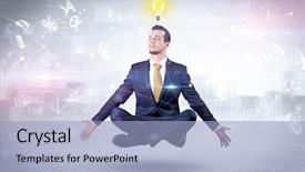 Presentation with financial reports - Audience pleasing theme consisting of businessman meditates with enlightenment data backdrop and a light blue colored foreground