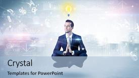  Presentation with enlightenment - Colorful presentation design enhanced with businessman meditates with enlightenment data backdrop and a light blue colored foreground
