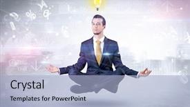  Presentation with financial reports - PPT theme featuring businessman meditates with enlightenment data background and a light blue colored foreground