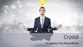  Presentation with enlightenment - Audience pleasing PPT theme consisting of businessman meditates with enlightenment data backdrop and a light gray colored foreground