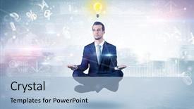  Presentation with financial reports - Theme consisting of businessman meditates with enlightenment data background and a light blue colored foreground