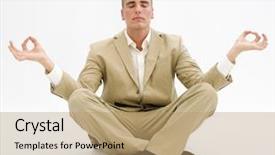  Presentation with lotus - Presentation having businessman meditating in lotus position over white background and a coral colored foreground