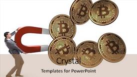  Presentation with bitcoins - PPT theme enhanced with businessman mining bitcoins with horseshoe background and a coral colored foreground