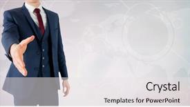  Presentation with world map - Slide set enhanced with businessman offering his hand background and a white colored foreground