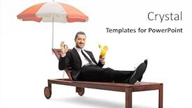  Presentation with under umbrella - PPT theme consisting of businessman-on-a-sunbed-under background and a white colored foreground
