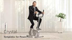  Presentation with exercise bike - Colorful PPT theme enhanced with businessman-on-an-exercise-bike backdrop and a soft green colored foreground