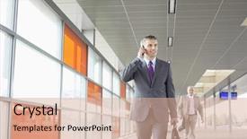  Presentation with aged - Slide deck featuring businessman on call while walk background and a coral colored foreground