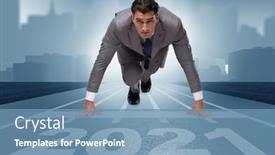  Presentation with finish line - Presentation design featuring businessman-on-finish-line background and a teal colored foreground