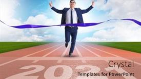  Presentation with finish line - Slide set enhanced with businessman-on-finish-line background and a coral colored foreground